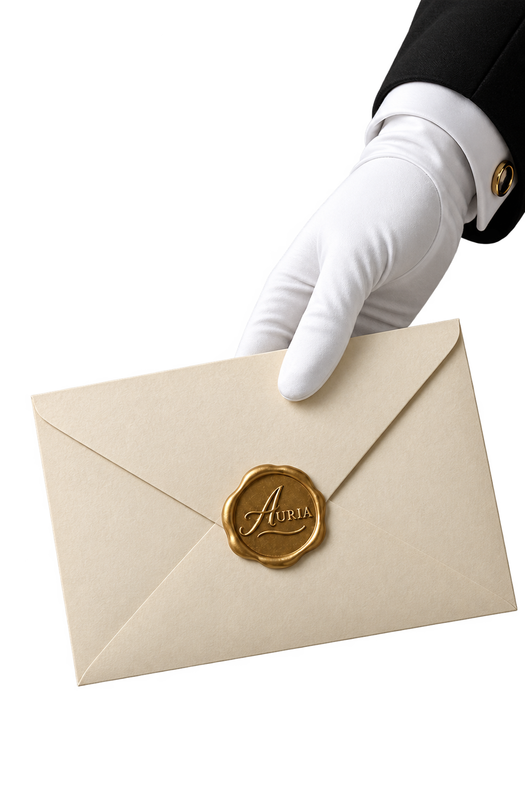 A white-gloved concierge holding a cream envelope sealed with the AURIA wax seal